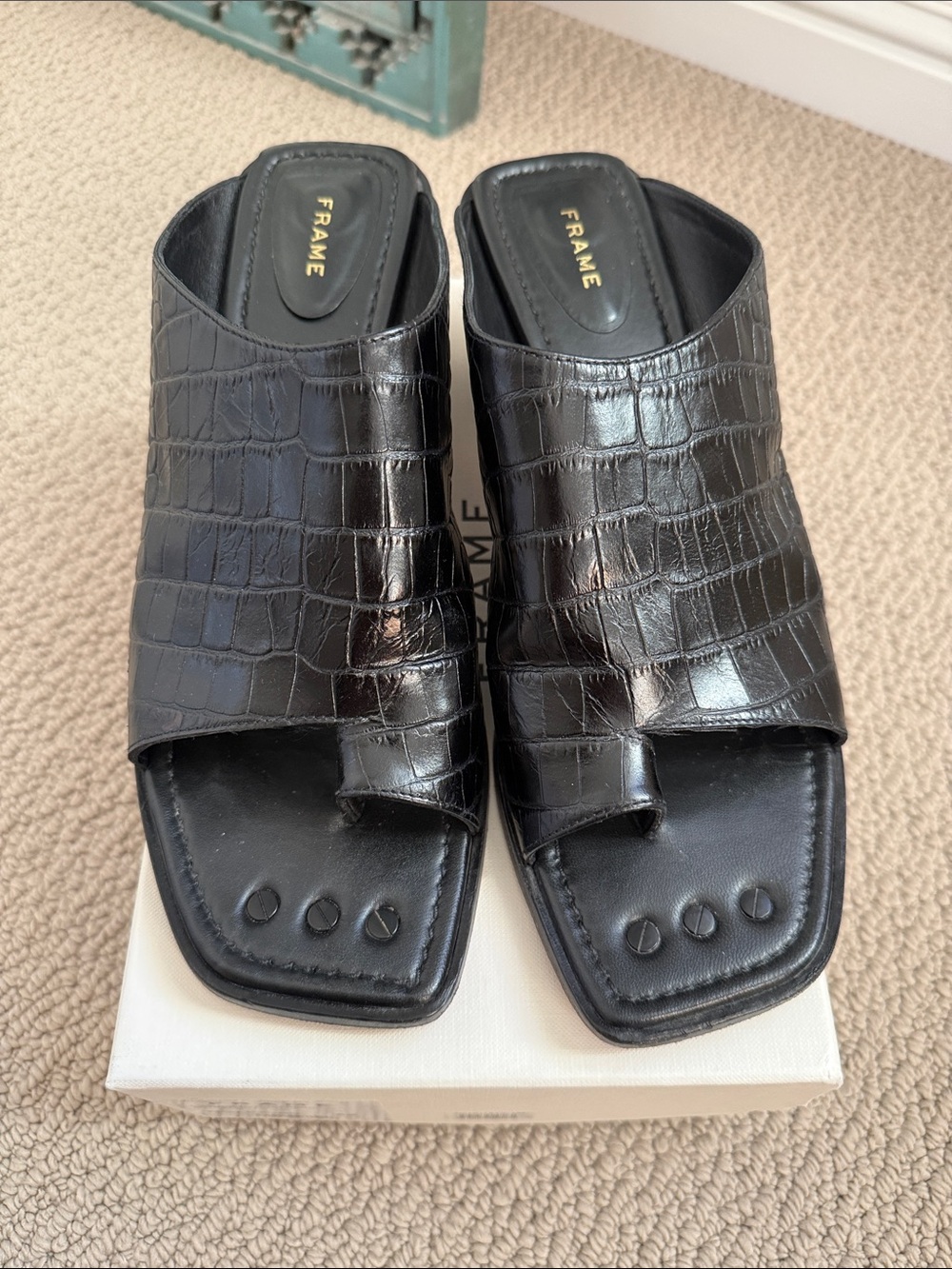 FRAME Denim Black Croc-Embossed Leather Slide Sandals